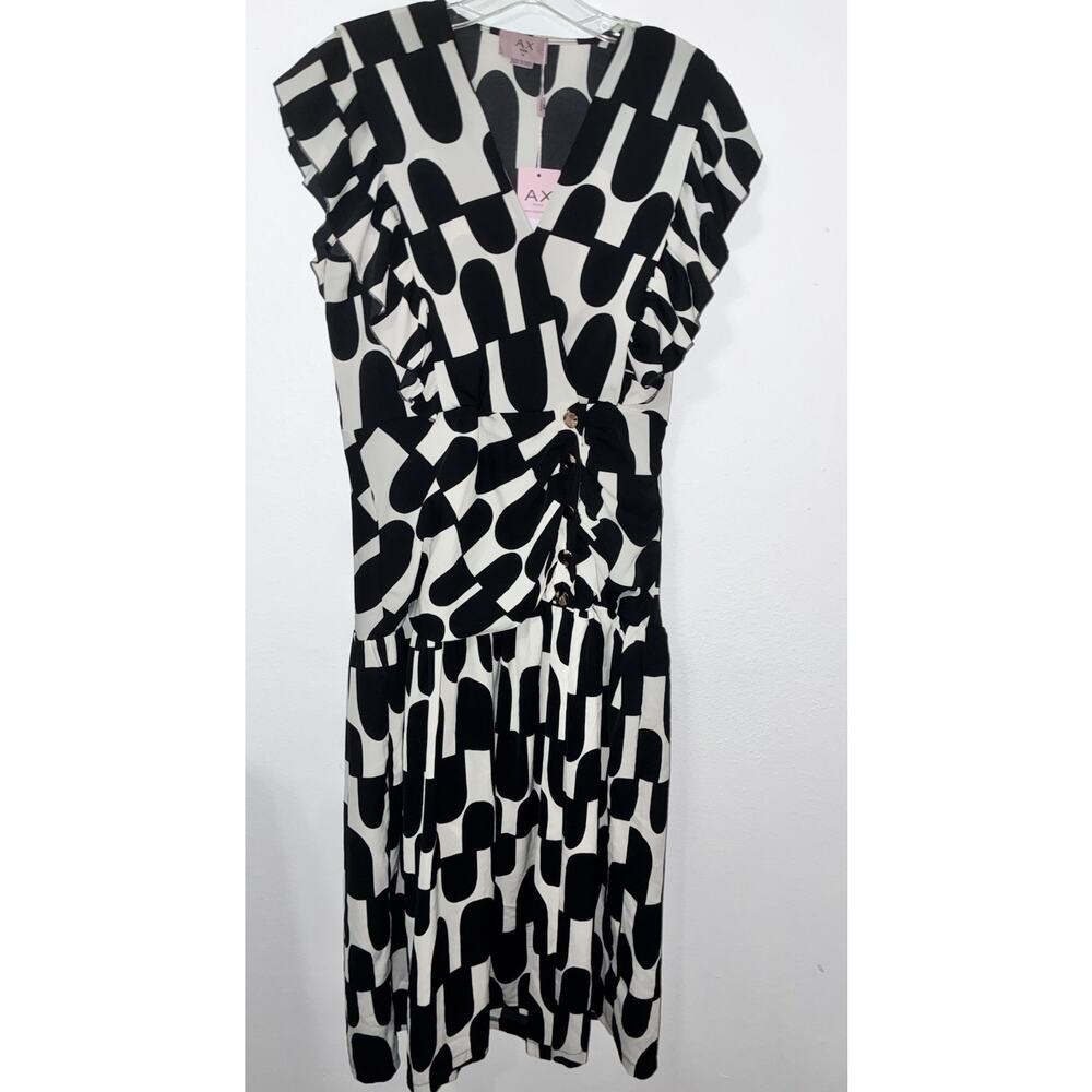 AX Paris Dress 14 Abstract Black Off White Large Slit Front Button Up - Picture 2 of 12